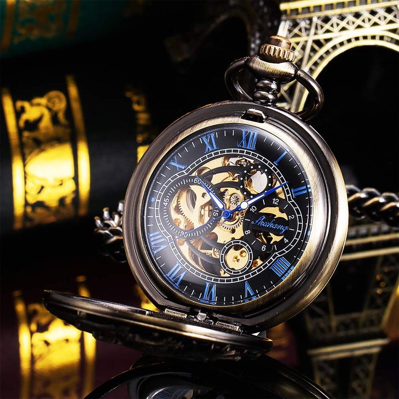 ManChDa Mens Antique Skeleton Mechanical Pocket Watch Dragon Hollow Hunter with Chain and Box - Image 5